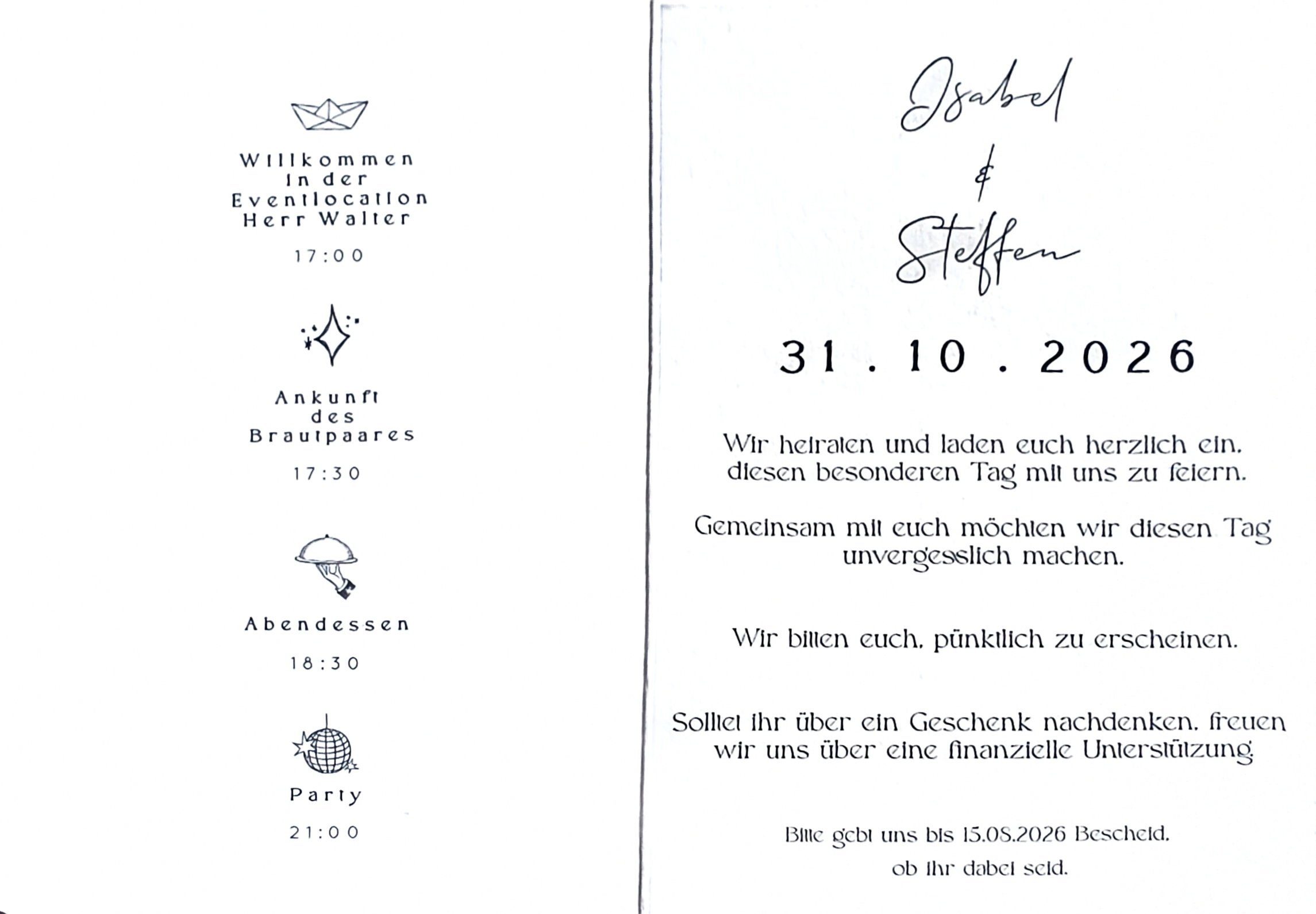 Scan der Einladung mit Ablauf und Hochzeitstext